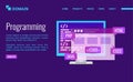Programming Landing page design. PC with program code and icons java, html, css, html.