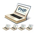 Programming language concept - PHP, CSS, XML, HTML, Javascript learning - book as laptop Royalty Free Stock Photo
