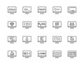 Programming languages flat line icons set. Html code, php, java language, python on computer desktop vector