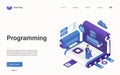 Programming modern technology isometric landing page, programmer working with laptop