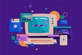 Programming on retro computer. Old pc with convex monitor wheel mouse creating calculations and game programs. Royalty Free Stock Photo