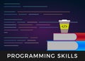 Programming skills - code learning or coding learn flat design concept. Program source development code in background.