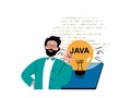 Programming software concept with character situation. Man working with java program language code, generates new idea and fixing Royalty Free Stock Photo
