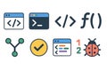 Programming and Software Development Icon Set with Code, Terminal, Debugging Symbols Royalty Free Stock Photo