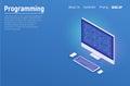 Programming and software development, program code on laptop screen, big data processing, computing isometric. Flat isometric vect Royalty Free Stock Photo