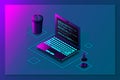 Programming or Software development web page template. Vector illustration with laptop isometric view and program code on screen. Royalty Free Stock Photo