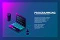 Programming or Software development web page template. Vector illustration with laptop isometric view and program code on screen. Royalty Free Stock Photo