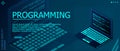 Programming or Software development web page template. Vector illustration with laptop isometric view and program code on screen. Royalty Free Stock Photo