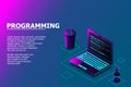 Programming or Software development web page template. Vector illustration with laptop isometric view and program code on screen. Royalty Free Stock Photo
