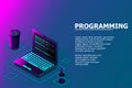Programming or Software development web page template. Vector illustration with laptop isometric view and program code on screen. Royalty Free Stock Photo