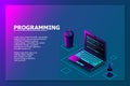 Programming or Software development web page template. Vector illustration with laptop isometric view and program code on screen. Royalty Free Stock Photo