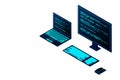 Programming or Software development web page template. Vector illustration with laptop isometric view and program code on screen Royalty Free Stock Photo