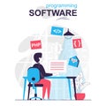 Programming software isolated cartoon concept. Developer programs in php language at computer people scene in flat design. Vector Royalty Free Stock Photo