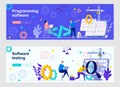 Programming software landing page with people characters. Program debugging and optimization web banners set. Application Royalty Free Stock Photo
