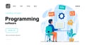 Programming software web concept. Programmer develops application, coding code, work on computer. Template of people scene. Vector Royalty Free Stock Photo