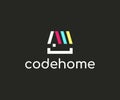 Programming source code and house graphic design. Software developer and home with roof logo design