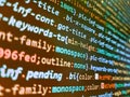 Programming Source code photo. Monitor photo. Big data database app. Digital binary data on computer screen. Developer working on Royalty Free Stock Photo