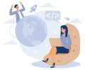 Programming team concept, Computer games, virtual world and IoT development, VR graphic design, testing and deployment, flat Royalty Free Stock Photo