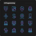 Programming thin line icons set: developer, code, algorithm, technical support, program setup, porting, compilation, app testing,