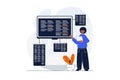 Programming web concept with character scene. Man developer coding and making program at different screens. People situation in Royalty Free Stock Photo