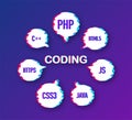 Programming, web development concept. Glitch icon. Code on the screen laptop. Vector illustration. Royalty Free Stock Photo