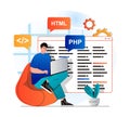 Programming working concept in modern flat design. Developer programs in html and php languages, creates software, working at