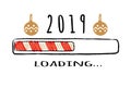 Progress bar with inscription 2019 loading and christmas bulbs in sketchy style.