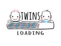 Progress bar with inscription - Twins loading and newborn boy and girl smiling faces in sketchy style. Royalty Free Stock Photo