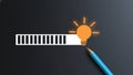 Progress bar loading creative idea with glowing orange lightbulb symbol and blue pencil on dark gray background, concept of Royalty Free Stock Photo