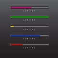Progress bar and loading different colors on black background vector