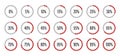 Progress bars. Template of red and gray color fill pie charts indicator. Round graph loading progress set. Circle Royalty Free Stock Photo
