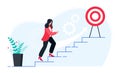 In progress concept. Business woman walking up stairs to their goal. Move up motivation, the path to the target`s Royalty Free Stock Photo