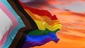Progress LGBTQ rainbow flag waving in the wind at cloudy sky. Freedom and love concept. Pride month. activism, community and