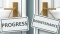 Progress or maintenance as a choice in life - pictured as words Progress, maintenance on doors to show that Progress and