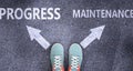Progress and maintenance as different choices in life - pictured as words Progress, maintenance on a road to symbolize making