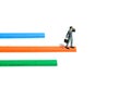 Progress monitoring concept illustration. A businessman using binocular telescope standing above multiple bar chart.