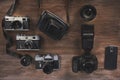 Progress photos, retro cameras, modern camera and phone. Royalty Free Stock Photo