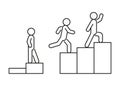 Progress skill worker, climbing stairs with obstacles, raising level in business, line art. Different levels of life on