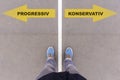 Progressiv / Konservativ, German text for progressive or conservative on asphalt ground, feet and shoes on floor Royalty Free Stock Photo