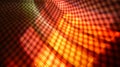 Progressive rhythmic red and orange shaded light layers seen through a net fence pattern