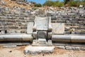 Marble seat at ruined theatre of Priene ancient city in Turkey