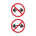 Prohibited barbell icon. No gym activity Vector. Red circle warning. Fitness restriction notice.