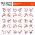 Prohibited line icon set, warning symbols collection, vector sketches, logo illustrations, forbidden signs linear