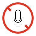 Prohibited microphone, sound off and no record sign. Forbidden mic symbol. Vector