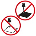 Prohibited pin attachment icons. Vector no pushpin or thumbtack signs.