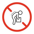 Prohibited posture for lift box, no ergonomic work of person, line icon. Lifting weight with incorrect posture. Unsafe