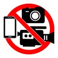 Prohibited sign camcorder, camera and telephone in a red crossed out circle on a white background Royalty Free Stock Photo