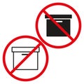 Prohibited storage box icons. No container allowed symbols. Ban on boxes sign. Red circle warning.