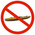 Prohibiting sign with crossed out kayak isolated on white background. Sign is not to sail boat. Design element