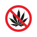 Prohibiting sign no drags with marijuana icon. Vector illustration Royalty Free Stock Photo